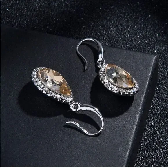 14K White Gold with Champagne Topaz Austrian Crystal Teardrop Halo Hook Earrings